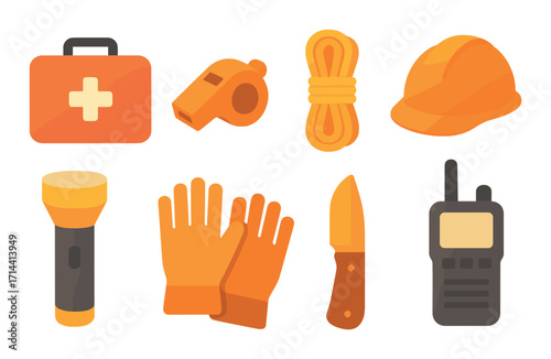 Safety equipment flat icon set. featuring first aid kit, whistle, rope, hard hat, flashlight, gloves, knife, radio