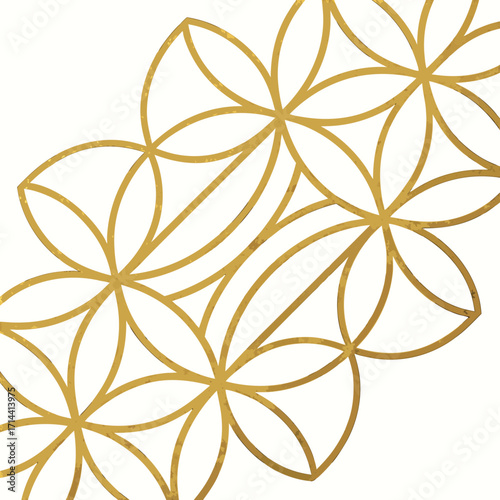 Elegant golden geometric floral pattern with overlapping petals and a subtle textured finish on a clean white background