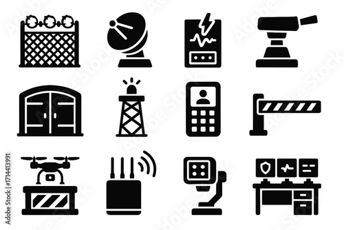Verification security military reinforced sensor icon docking barrier alarm panel radar vector