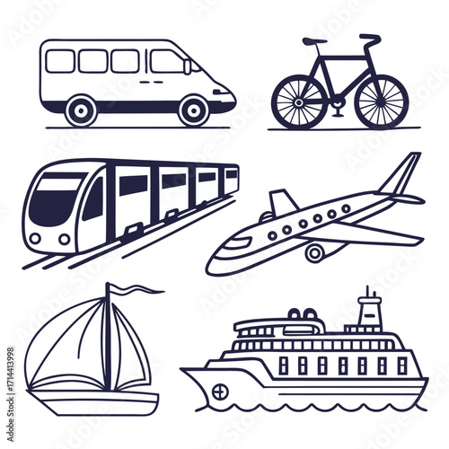 Various modes of transportation in a simple line art style, including a van, bicycle, train, airplane, sailboat, and cruise ship