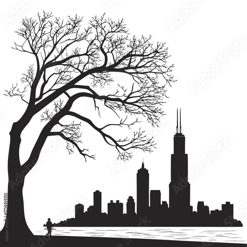Silhouette of a bare tree branches framing a distant city skyline with a lone figure standing by the water s edge