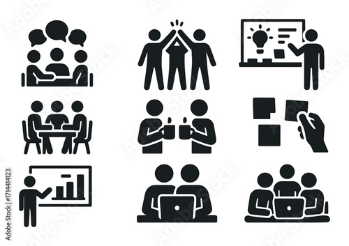 Teamwork silhouette icon set. featuring brainstorming, collaboration, planning, presentation, and discussion symbols