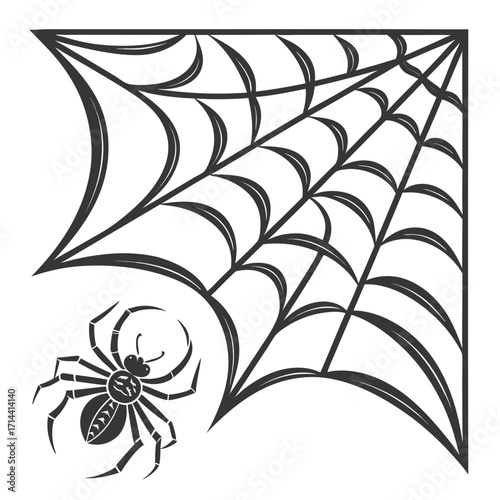 A stylized black and white illustration features a corner spider web with a detailed spider positioned in the lower left quadrant of the frame