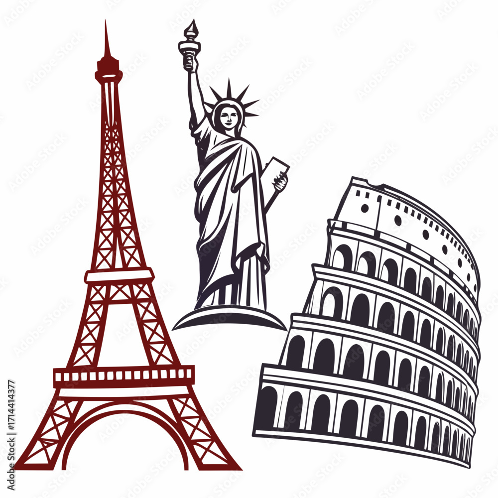 Obraz premium Iconic landmarks eiffel tower statue of liberty and colosseum depicted in a stylized graphic design representing global travel and tourism destinations