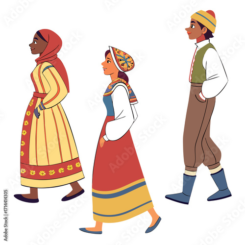 Diverse group of people in traditional folk costumes walking together in a stylized illustration with a white background