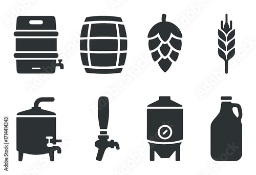 Brewery equipment silhouette icon set. featuring barrel, hop, wheat, keg, tap, brew tank, growler