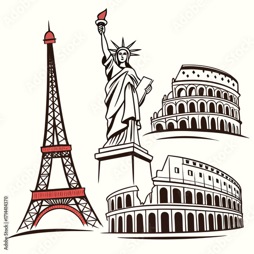 Iconic landmarks collection featuring the eiffel tower statue of liberty and the colosseum in a stylized line art illustration