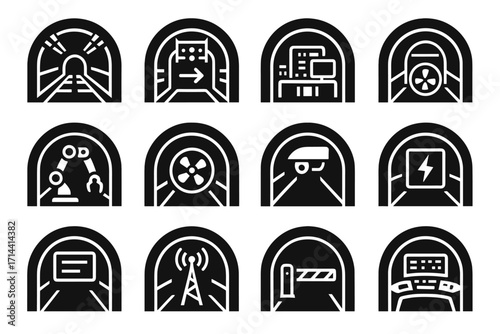 Hub robotic arm monitoring gate futuristic tunnel icons icon vector led console
