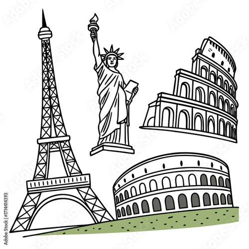 Iconic global landmarks including the eiffel tower statue of liberty and colosseum depicted in a charming hand drawn outline style