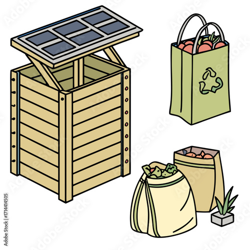 Illustration of a wooden compost bin with an open lid a reusable shopping bag filled with produce and two bags of garden waste symbolizing sustainability and eco friendly practices