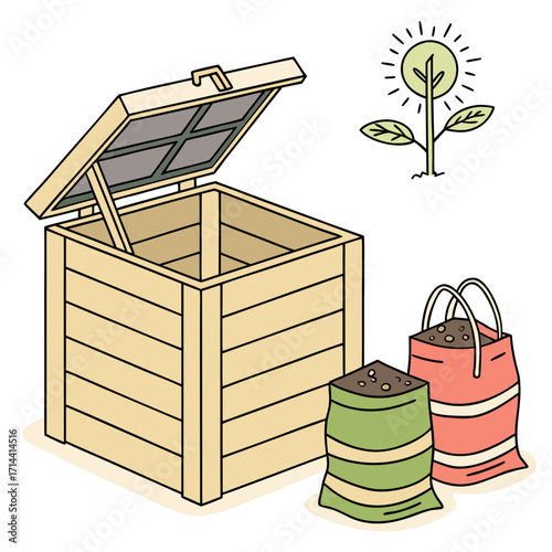 Illustration of a wooden compost bin with an open lid next to two bags of soil and a sprouting plant symbolizing growth and gardening