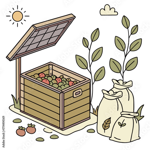 Illustration of a wooden compost bin filled with fruits and vegetables under a sunny sky with growing plants and sacks of soil nearby