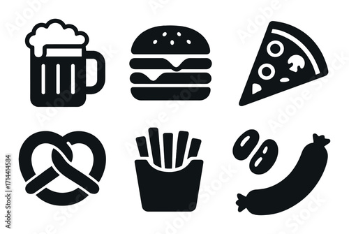 Food and drink silhouette icon set. featuring beer, burger, pizza, pretzel, fries, and sausage symbols
