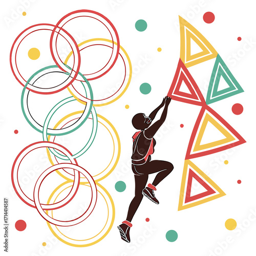 Athletic silhouette of a person climbing towards geometric shapes and interlocking rings symbolizing achievement and sportsmanship in a vibrant color palette