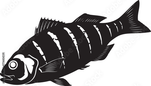 black silhouette of fried fish on white background, vector