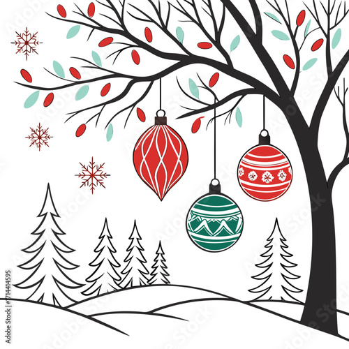 Festive christmas scene featuring ornaments hanging from a bare tree, with snowcovered hills and evergreen trees in the background, creating a joyful holiday atmosphere