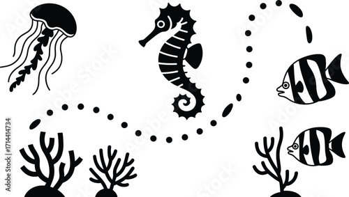 
A playful and decorative underwater scene with a jellyfish, seahorse, and tropical fish, connected by a dotted line, representing marine life, ocean, and sea world.
