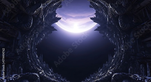 Vast alien architecture frames a luminous moon in a dark cosmic vista