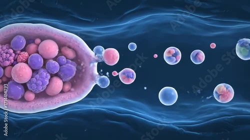 Cell Releasing Extracellular Vesicles - Microscopic animation showing a cell releasing numerous extracellular vesicles.