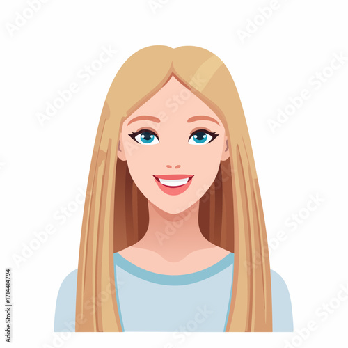 Vibrant digital portrait of a cheerful young woman with long blonde hair and bright blue eyes, radiating happiness and positivity, perfect for diverse representation and modern visual communication