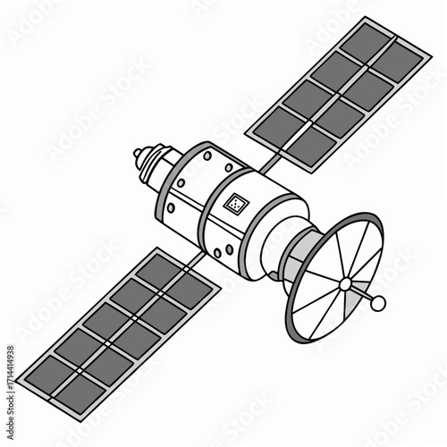A clean line art illustration of a satellite with solar panels extended and a dish antenna pointed forward against a white background