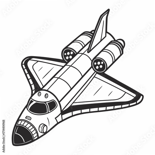A simple bold black and white line art illustration of a cartoon space shuttle in flight against a clean white background
