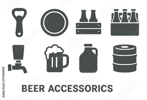 Beer accessories silhouette icon set. featuring opener, keg, bottles, tap, glass, plate, jug, and box