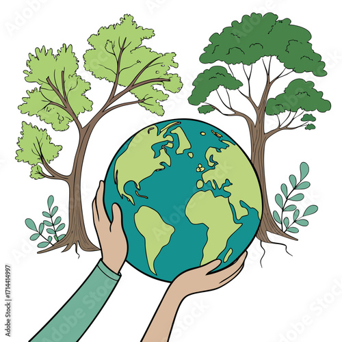 Hands holding the earth with trees in the background, symbolizing environmental protection, sustainability, and the importance of preserving our planet for future generations