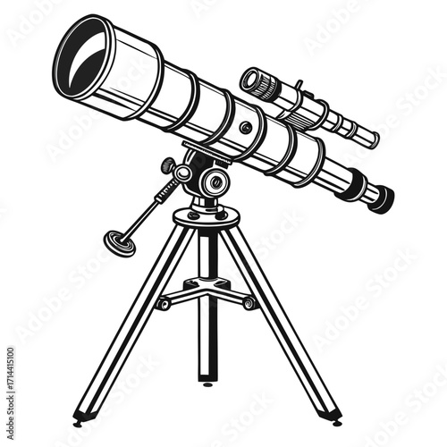 A detailed black and white illustration of a vintage astronomical telescope mounted on a sturdy tripod ready for stargazing and exploration