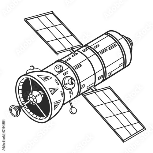 Detailed line art illustration of a futuristic space station module with solar panels extending outwards against a clean white background