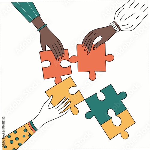 Diverse hands of people from different backgrounds collaborate and connect puzzle pieces together symbolizing unity teamwork and problem solving