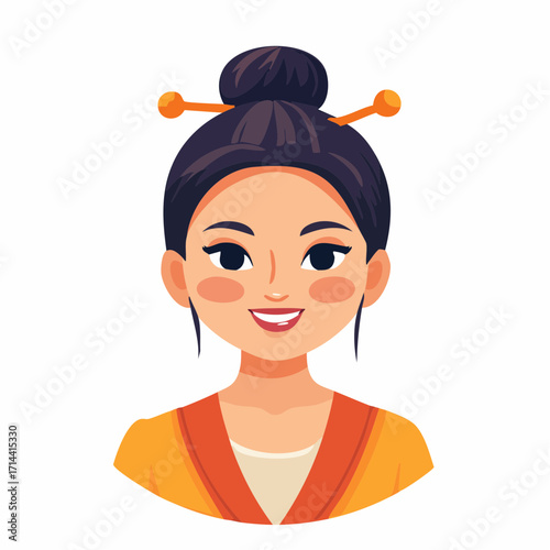Illustration of a smiling Asian woman with traditional hair bun and attire, representing culture and beauty