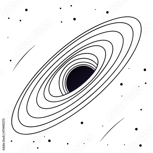 Abstract illustration of a black hole with swirling accretion disk and distant stars in a minimalist black and white cosmic design