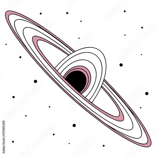 Stylized illustration of a black hole with a pink accretion disk surrounded by small stars against a white background