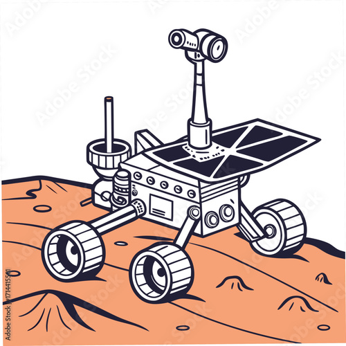 Stylized illustration of a mars rover exploring a rocky orange alien planet surface with a white background in a simple graphic art style