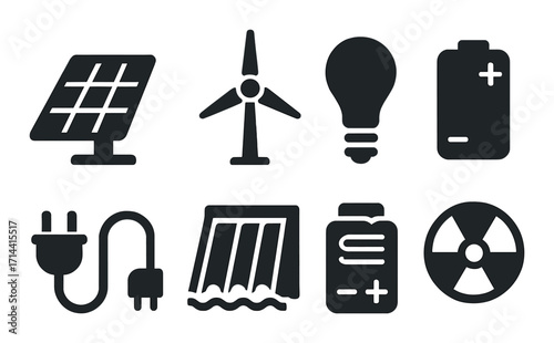 Energy silhouette icon set. featuring solar panel, wind turbine, light bulb, battery, electric plug, hydro, fuel cell, nuclear symbols