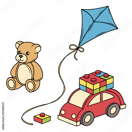 A charming collection of classic children s toys including a teddy bear a red toy car with building blocks and a blue kite on a white background