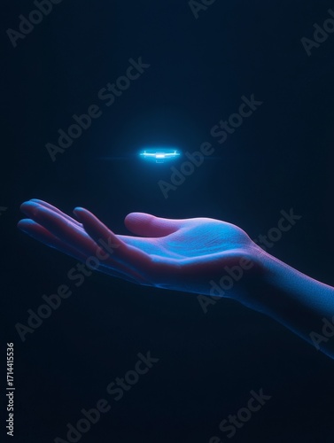 Small futuristic AI assistant floating above a human hand, ai energy in human hand
