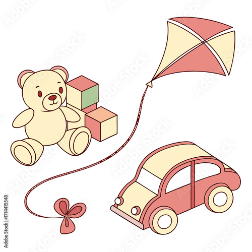 Charming illustration of a teddy bear building blocks a kite and a toy car perfect for children s themes and designs