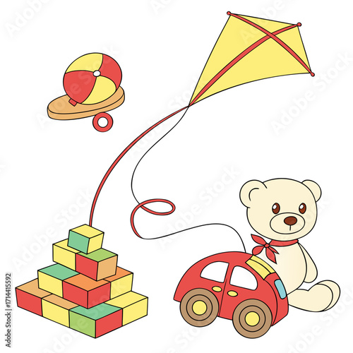 A charming collection of classic children s toys including a teddy bear a red toy car a stacking block pyramid a kite and a ball on a wooden base