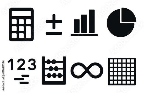 Mathematics silhouette icon set. featuring calculator, plus, chart, pie, numbers, abacus, infinity, and grid symbols