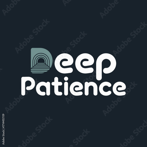 Deep patience text logo design with artistic lettering and archway graphic element for branding and identity projects vector