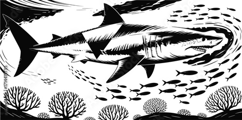A powerful great white shark swimming gracefully through a vibrant underwater coral reef, surrounded by a variety of small fish and sea life.A pow