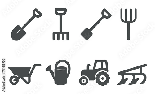Gardening tools silhouette icon set. shovel, rake, pitchfork, wheelbarrow, watering can, tractor, plow.