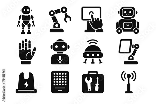 Robotic charging smart icon hand arm voice base antenna vector robot dock
