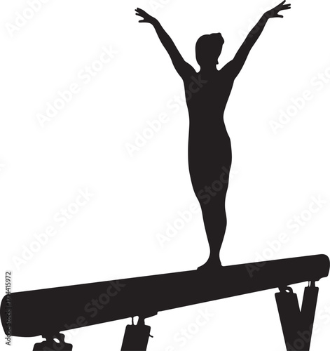 Black silhouette of gymnast on balance beam, white background, minimal style
