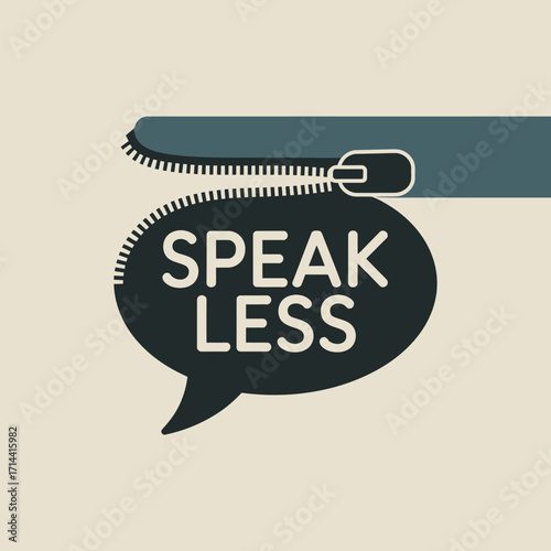 Speech bubble zipper closing revealing silent 'speak less' message conceptual design for communication restraint or privacy vector