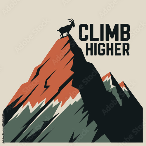 Flat design mountain peak silhouette with goat and motivational text climb higher inspiring adventure and success vector