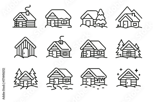 Snowy winter log lakeside cabin woods trees vector forest frozen icon icons