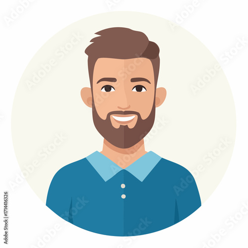 Modern flat design illustration of a friendly bearded man smiling, ideal for digital avatars, user profiles, or a welcoming persona in online platforms